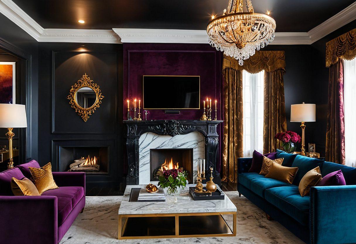 A luxurious living room adorned with plush velvet furniture, an ornate chandelier, and a glowing fireplace, showcasing a large screen displaying a cinematic scene. An elegant glass of wine sits on a marble table, reflecting the soft ambient light. In the background, shelves of exclusive streaming media and sophisticated decor highlight a sense of opulence and comfort.  super-realistic. rich colors. warm lighting.