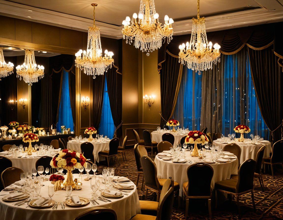 A lavish banquet table set with exquisite crystal glassware, gleaming gold cutlery, and an array of gourmet delicacies, surrounded by elegantly dressed guests in an opulent ballroom adorned with chandeliers. Soft golden lighting casts a warm glow, while plush velvet curtains frame the scene. Illustrate an atmosphere of celebration and exclusivity. super-realistic. vibrant colors. luxurious ambiance.