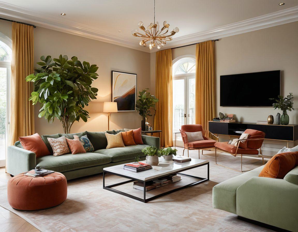 A luxurious living room with a modern aesthetic, featuring a large flat-screen television showcasing vibrant visuals from a curated streaming selection. Include elegant furniture, plush cushions, and a coffee table adorned with stylish magazines. Soft ambient lighting creates a cozy atmosphere, evoking a sense of relaxation and sophistication. Add a subtle hint of greenery with indoor plants. super-realistic. vibrant colors. warm tones.